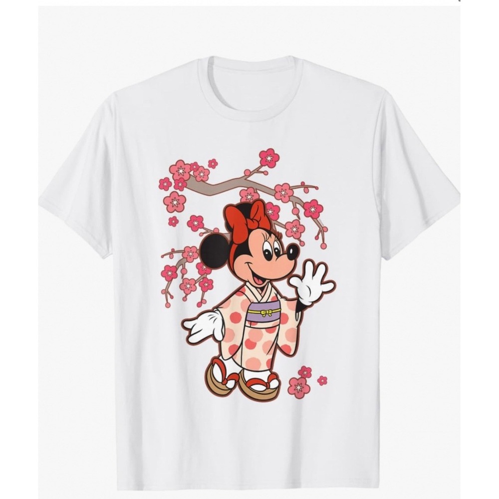 Minnie Mouse Kimono Cherry Blossom White Graphic Tee Shirt Ladies Large NWOT